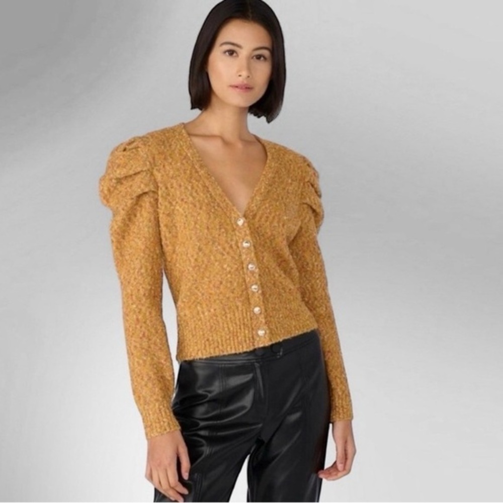 Karl Lagerfeld Textured Mustard Puffed Sleeve Cardigan Size XS